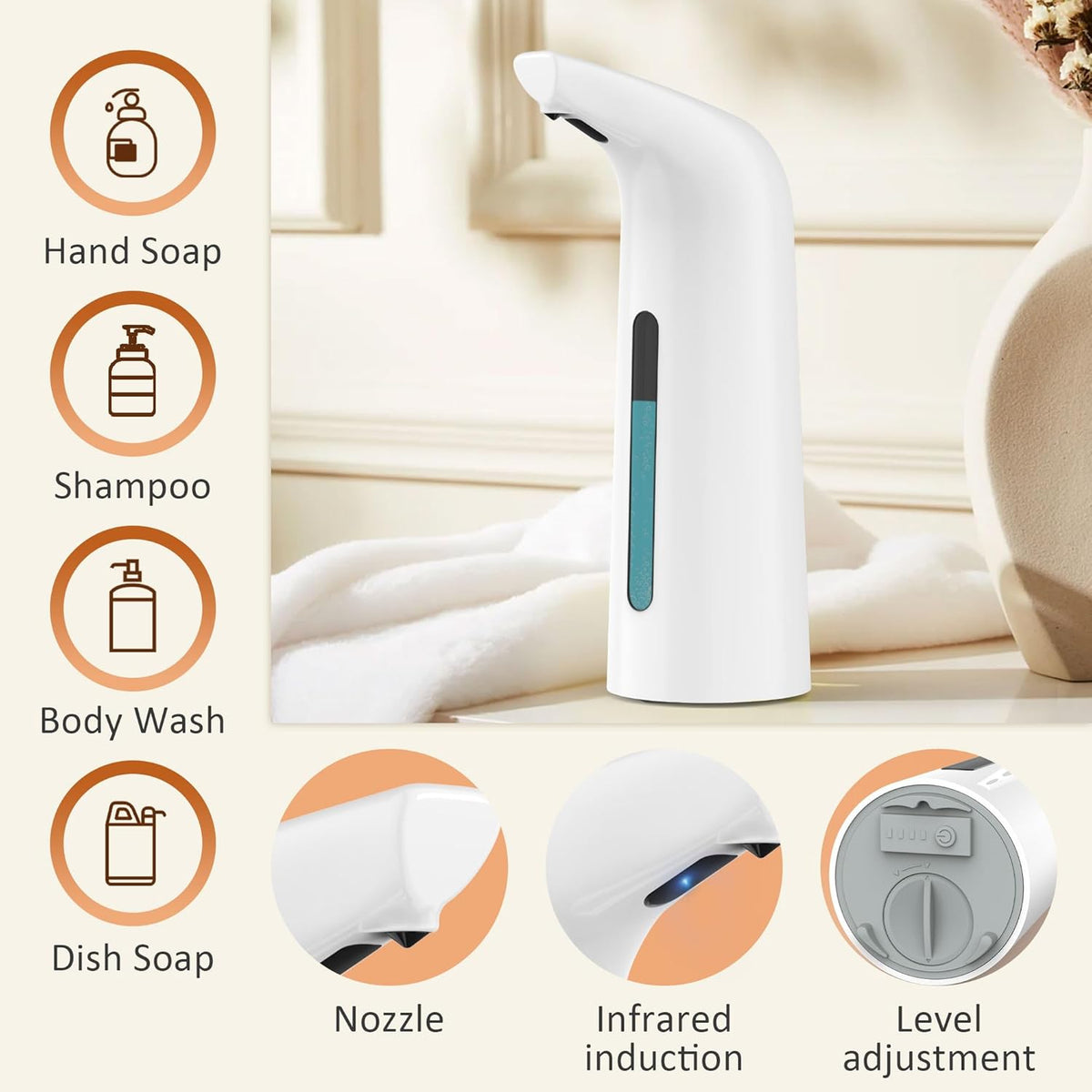 Automatic Liquid Soap Dispenser Touchless,400ML Modern White Dish Soap Dispenser with Sensor,4 Gear