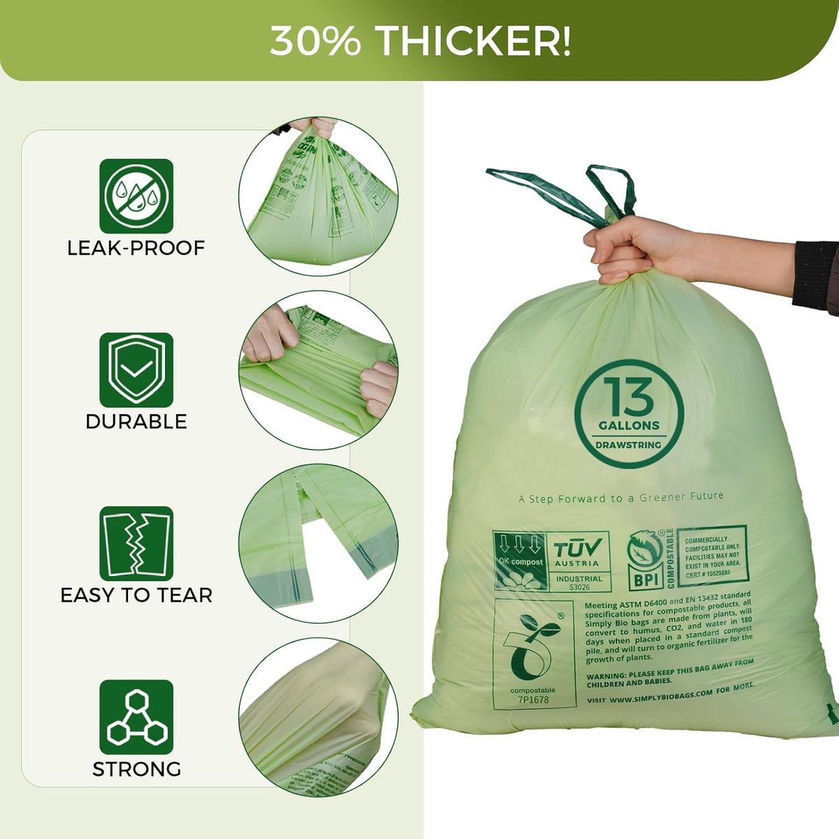 13 Gallon Compostable Trash Bags with Drawstring, Heavy Duty Extra Thick 1 Mil, 49.21 Liter, 30
