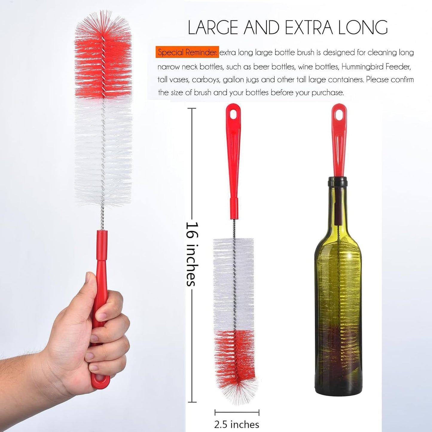 ALINK 3-Pack Long Red Bottle Cleaning Brush for Narrow Neck Beer, Wine, Kombucha, Hydroflask