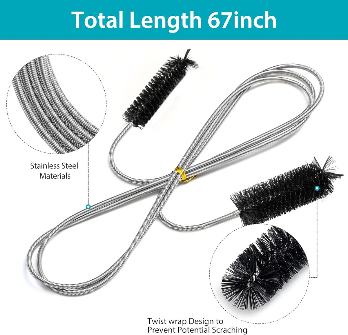 Extra-Thick Drain Brush with Stronger Spring - 67-Inch Flexible Pipe Cleaning Tool - Dual Bristle