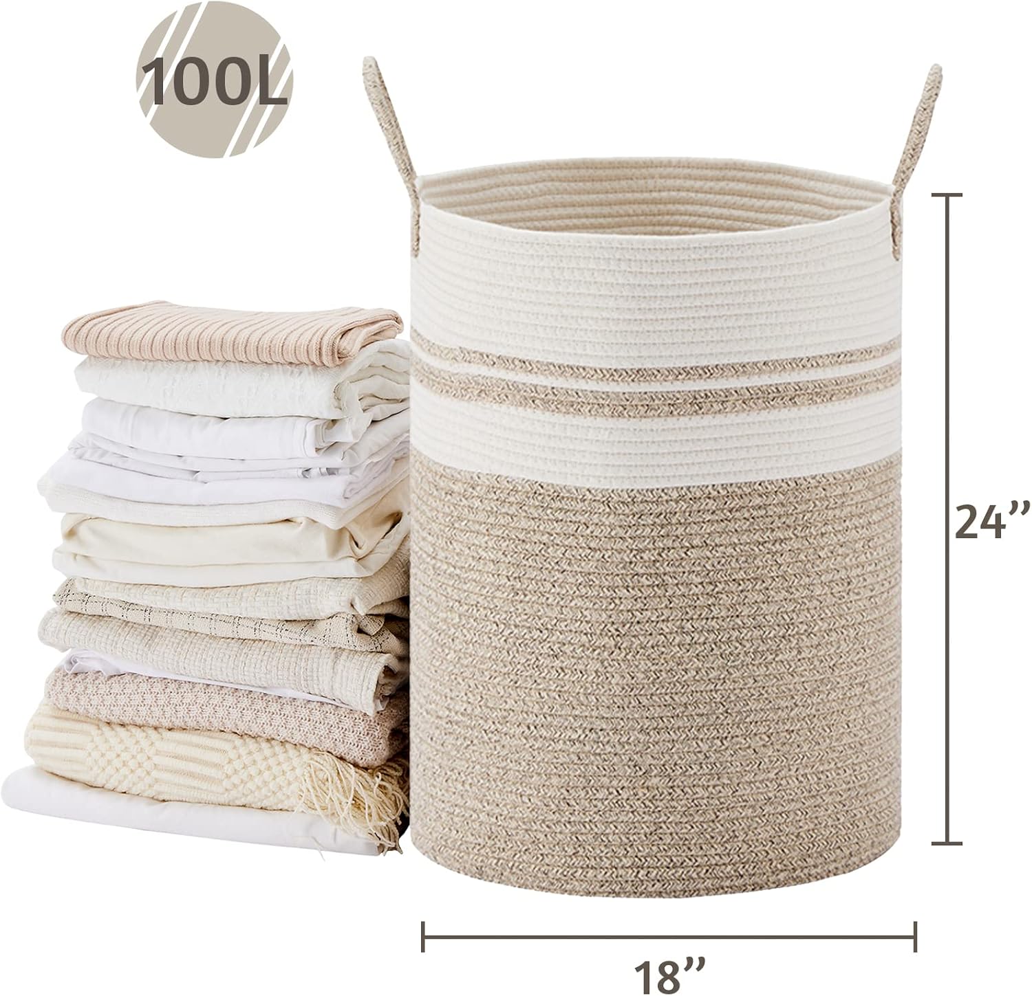 VIPOSCO Large Laundry Hamper, Tall Woven Rope Storage Basket for Blanket, Toys, Dirty Clothes in