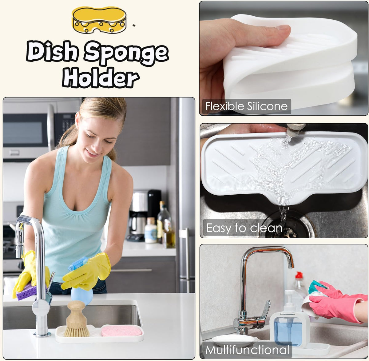 Silicone Bathroom Soap Dishes, Sponge Holder for Kitchen Sink, Shower Soap Holder with Drain, Soap