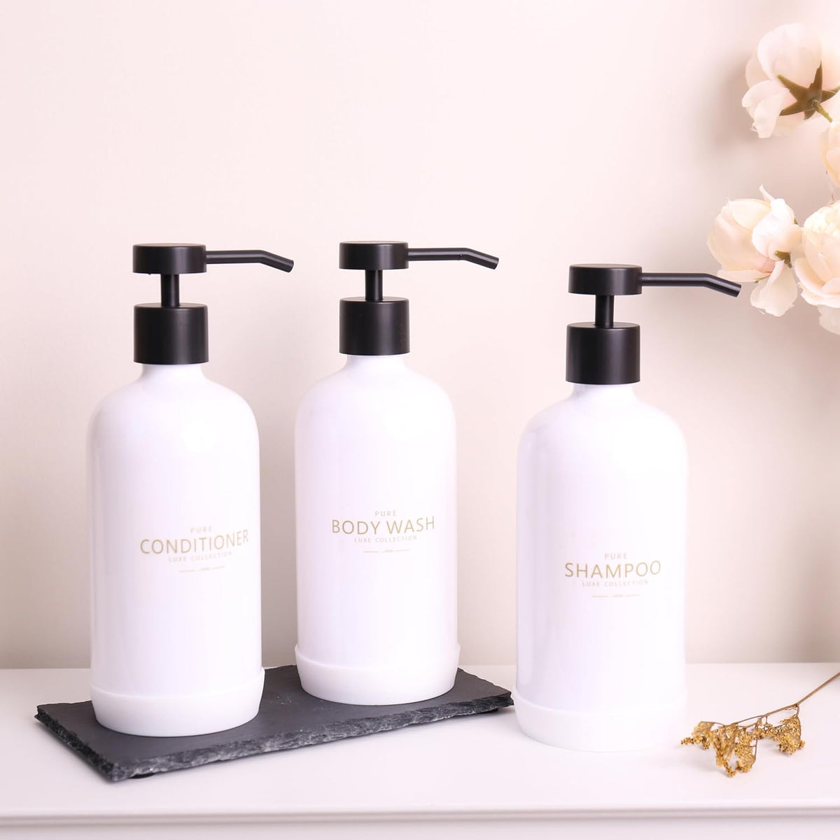 Shampoo and Conditioner Dispenser Set of 3,Refillable 21oz Shampoo Bottles with Non-Slip Protective
