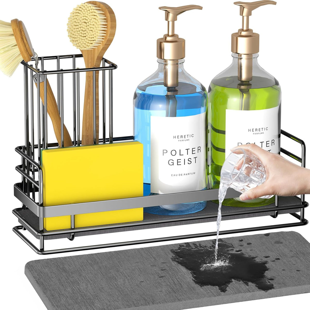 Yofidra Sink Caddy with Stone Drying Tray: Stainless Steel Soap Dispenser Kitchen Sink Organizer