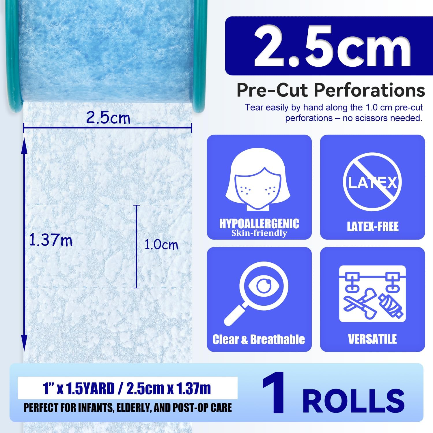 FRESINIDER Silicone Medical Tape – 1" x 1.5 Yard Blue 4 Rolls, Pre-Cut, Waterproof &