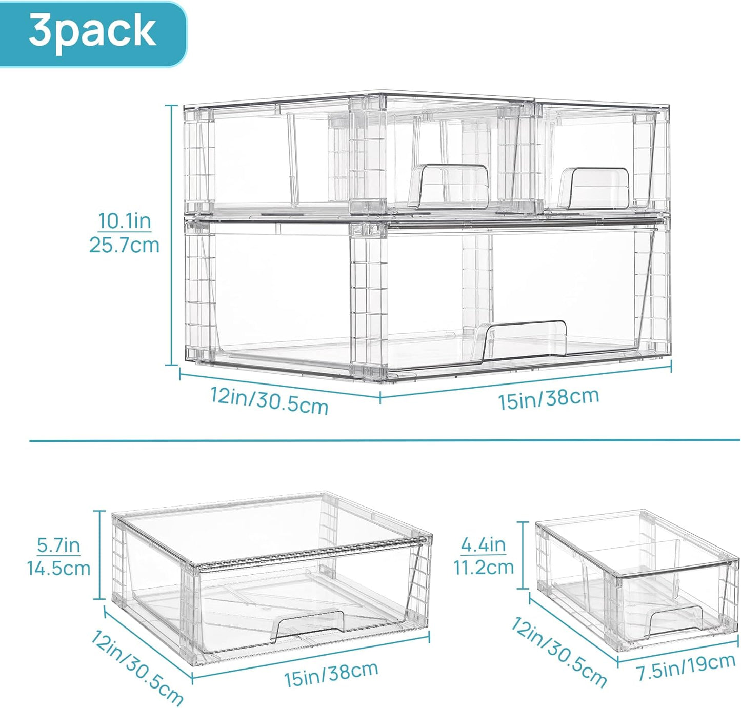 Vtopmart 3 Pack Stackable Storage Drawers, Easily Assemble Acrylic Bathroom Undersink