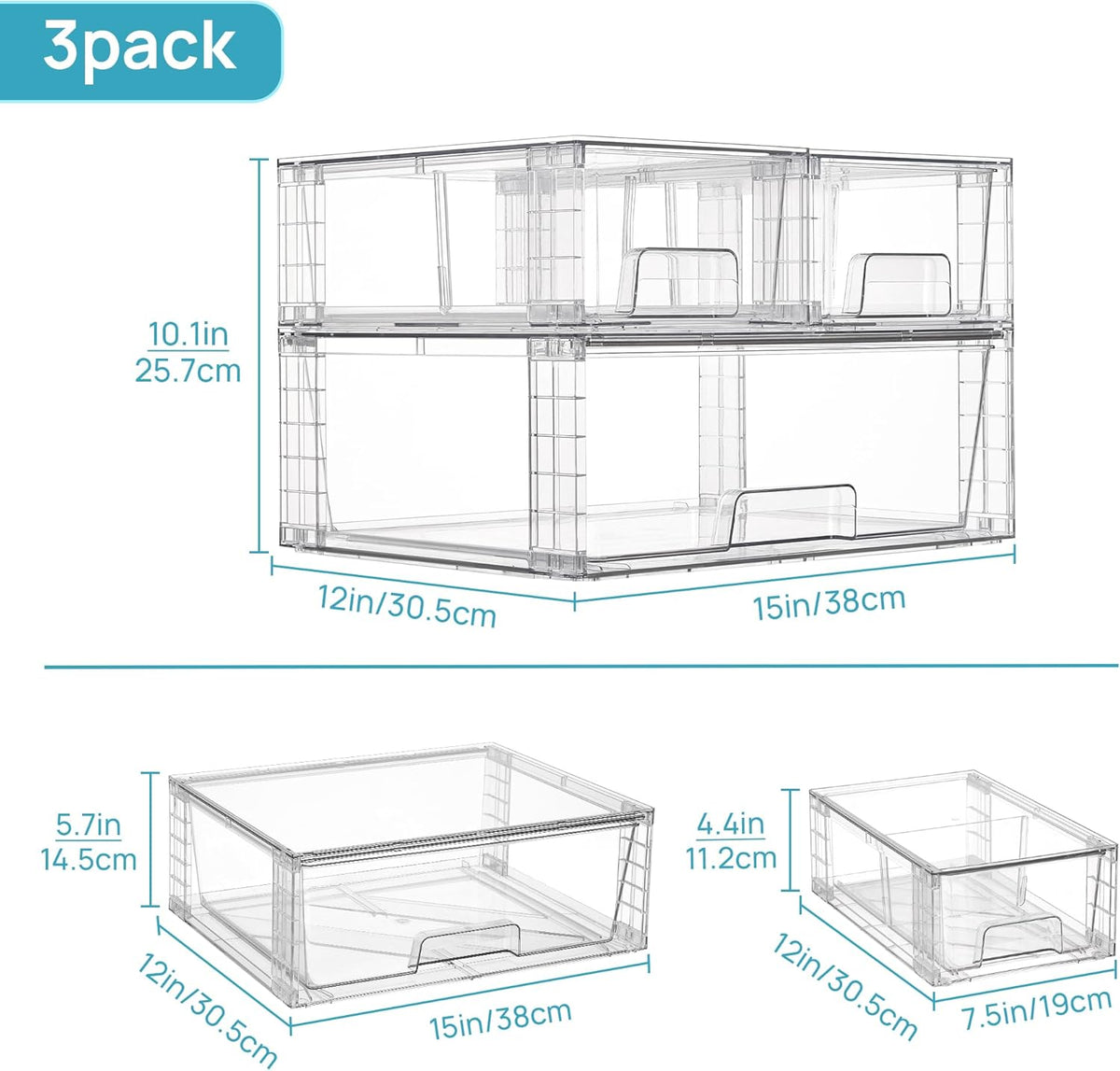 Vtopmart 3 Pack Stackable Storage Drawers, Easily Assemble Acrylic Bathroom Undersink