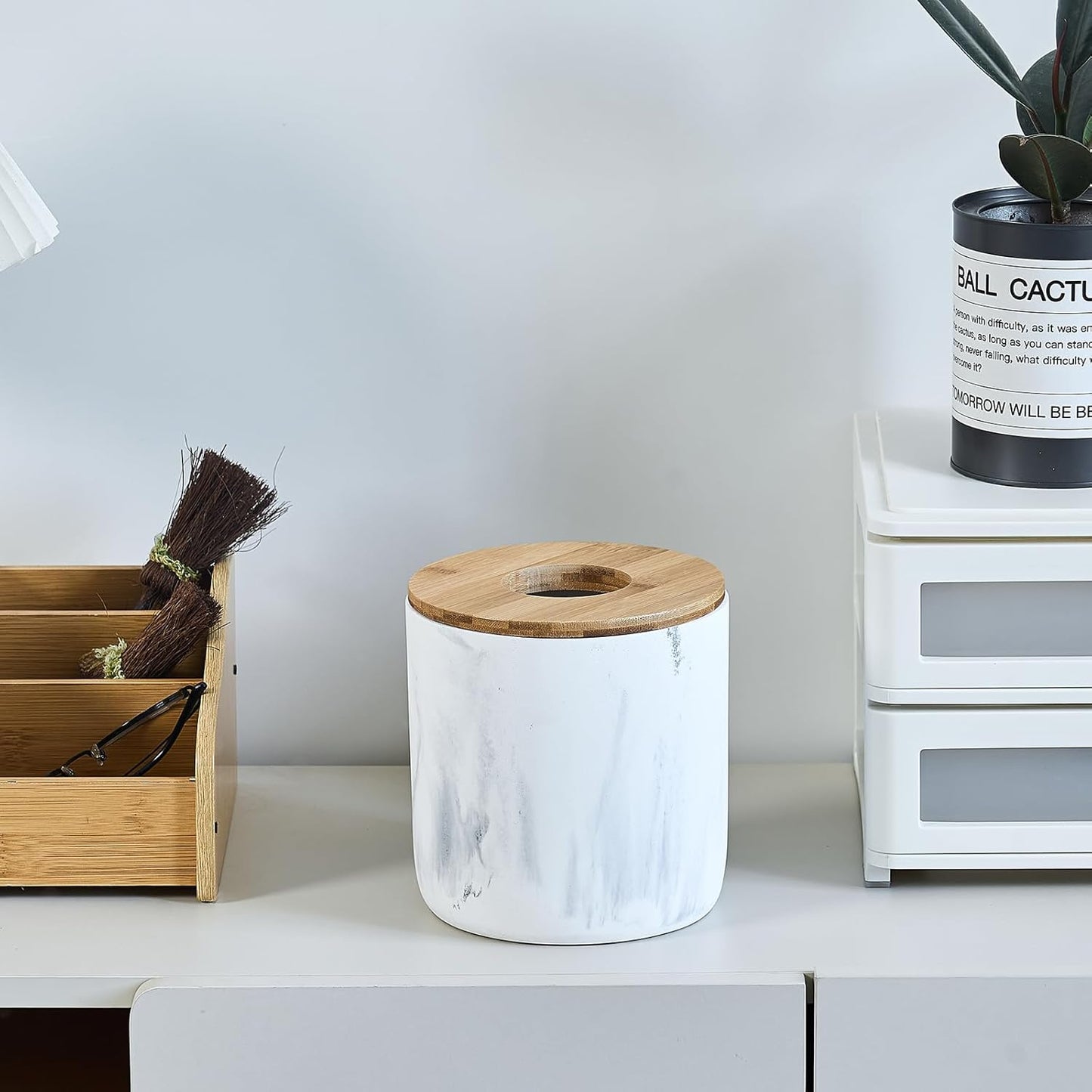 Polytree Marble White Mini Trash Can with Bamboo Lid,Small Countertop Trash Can,Desk Trash