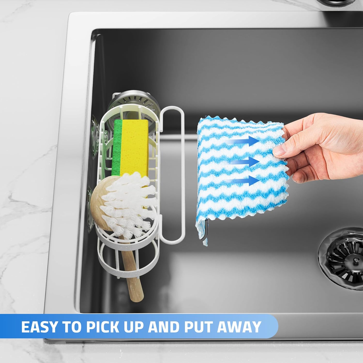 Cisily Kitchen Sink Caddy Sponge Holder in The Sink, Stainless Steel Kitchen Sink Organizer, Brush
