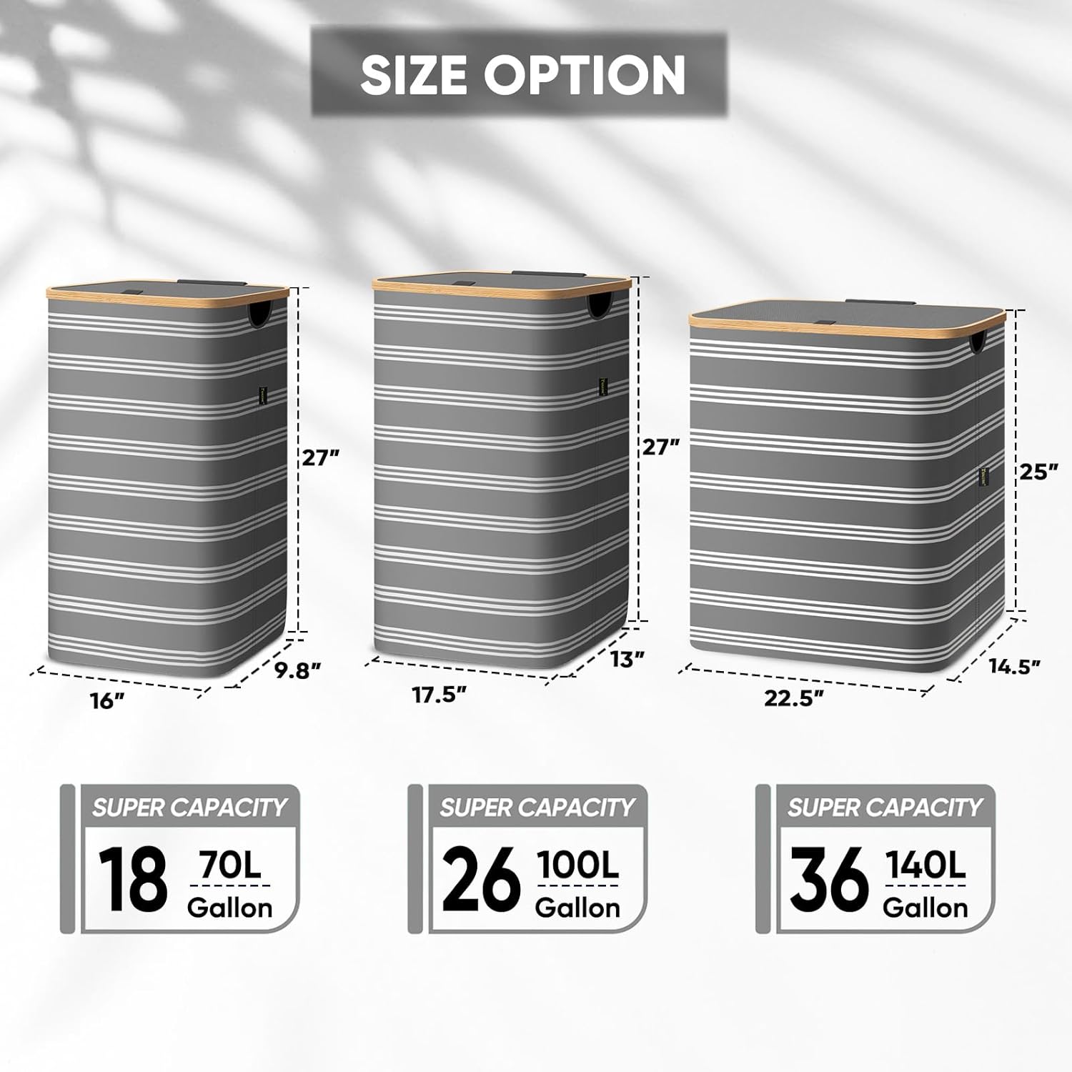 BALEINE Laundry Hamper with Lid, Tall Laundry Baskets with Bamboo Pull Handles, Large Laundry Bin