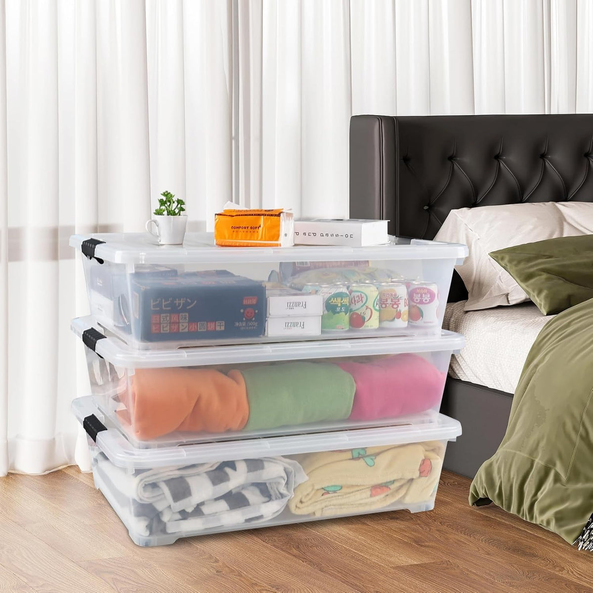 3-Pack 50 Quart Under the Bed Low Profile Storage Boxes, Large Under Bed Storage Bin with Easy