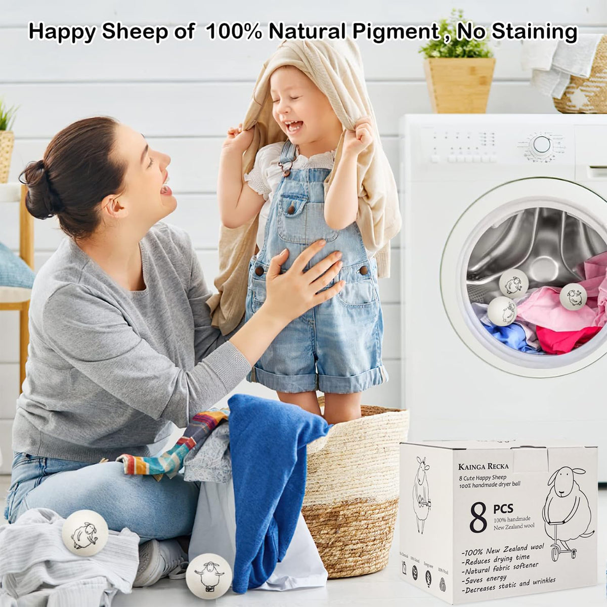 Wool Dryer Balls, 8PCS Dryer Balls with Happy Sheep - Natural & Organic, 100% New Zealand Wool