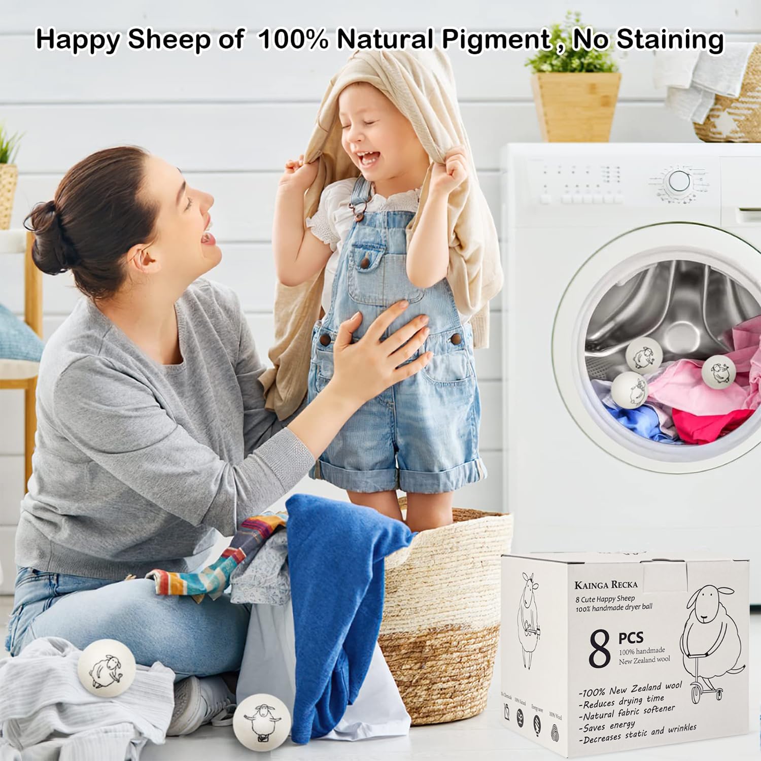 Wool Dryer Balls, 8PCS Dryer Balls with Happy Sheep - Natural & Organic, 100% New Zealand Wool
