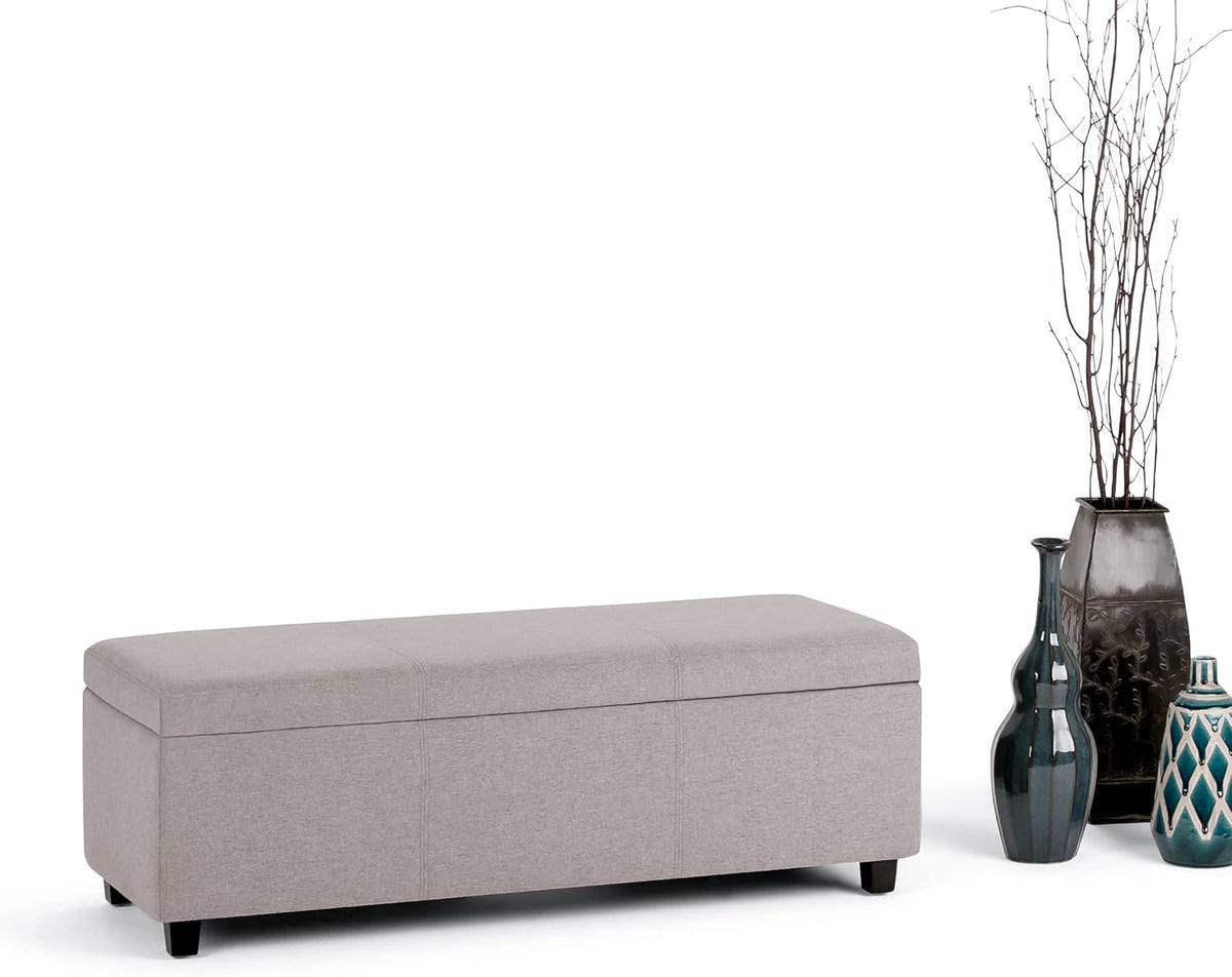 SIMPLIHOME Avalon 48 inch Wide Contemporary Rectangle Storage Ottoman Bench in Cloud Grey Linen