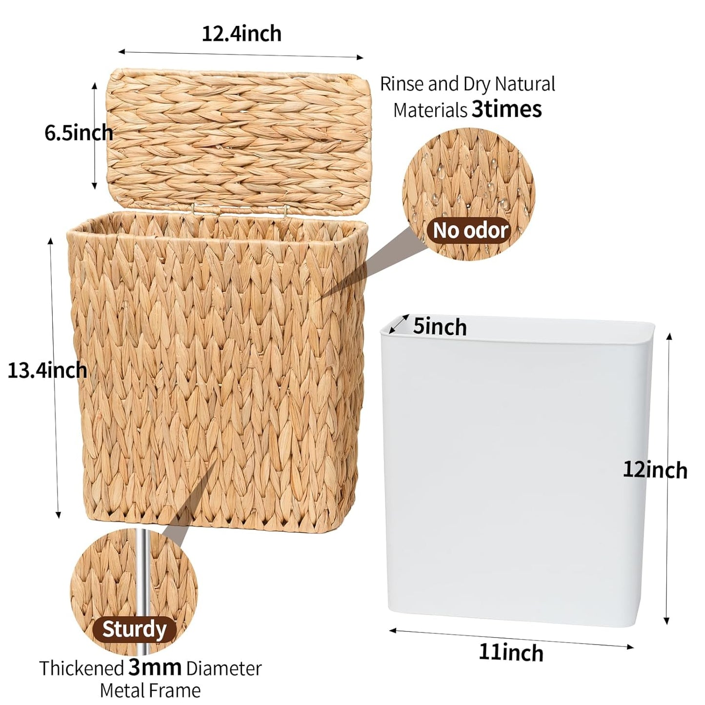 3 Gallon Wicker Trash Can,Small Bathroom Trash Can with Lid,Natural Water Hyacinth Wicker Waste