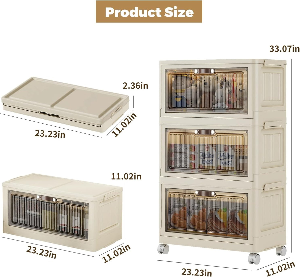 3 Tier - 48QT Storage Bins with Lids, Collapsible Storage Bins with Doors and Wheels, Plastic