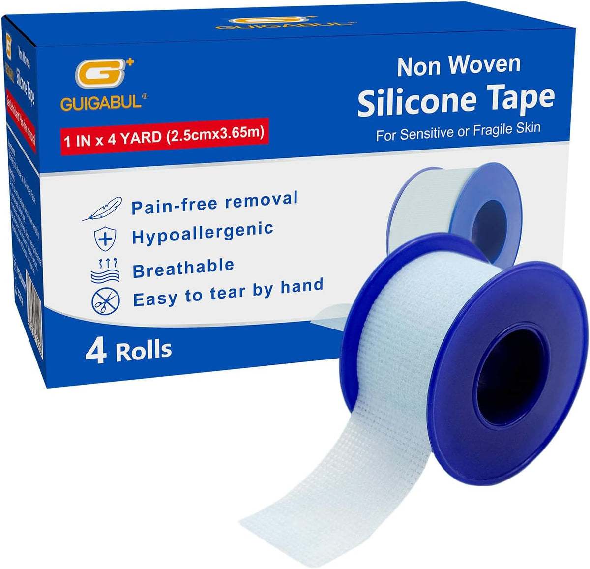 Silicone Surgical Tape 1" x 4yd (4 Rolls),Medical Tape for Sensitive Skin,Surgical Tape Pain-Free