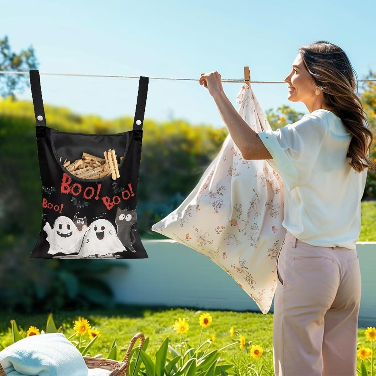 Cute Ghost Clothespin Bag Laundry Hanging Storage Organizer with Rope Clothespin Holder with an