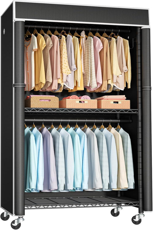 FUTASSI Clothing Rack with Cover, P1C Rolling Closets with Wheels, Metal Garment Rack for Hanging