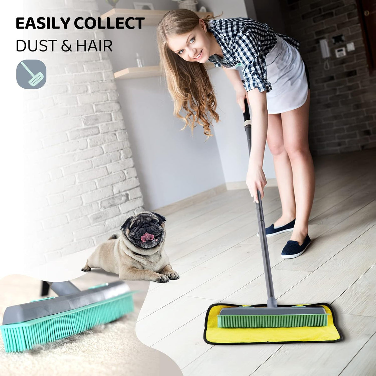 Conliwell Rubber Broom Carpet Rake for Pet Hair, Fur Remover Broom with Squeegee, Portable
