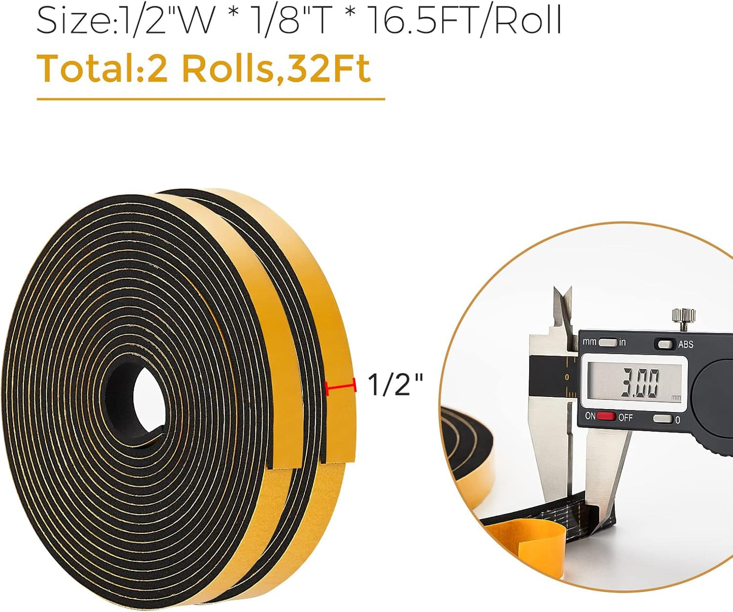 32 Feet Weather Stripping Door Seal, 1/2" Wide X 1/8" Thick Door Seal Strip High Density Foam Tape