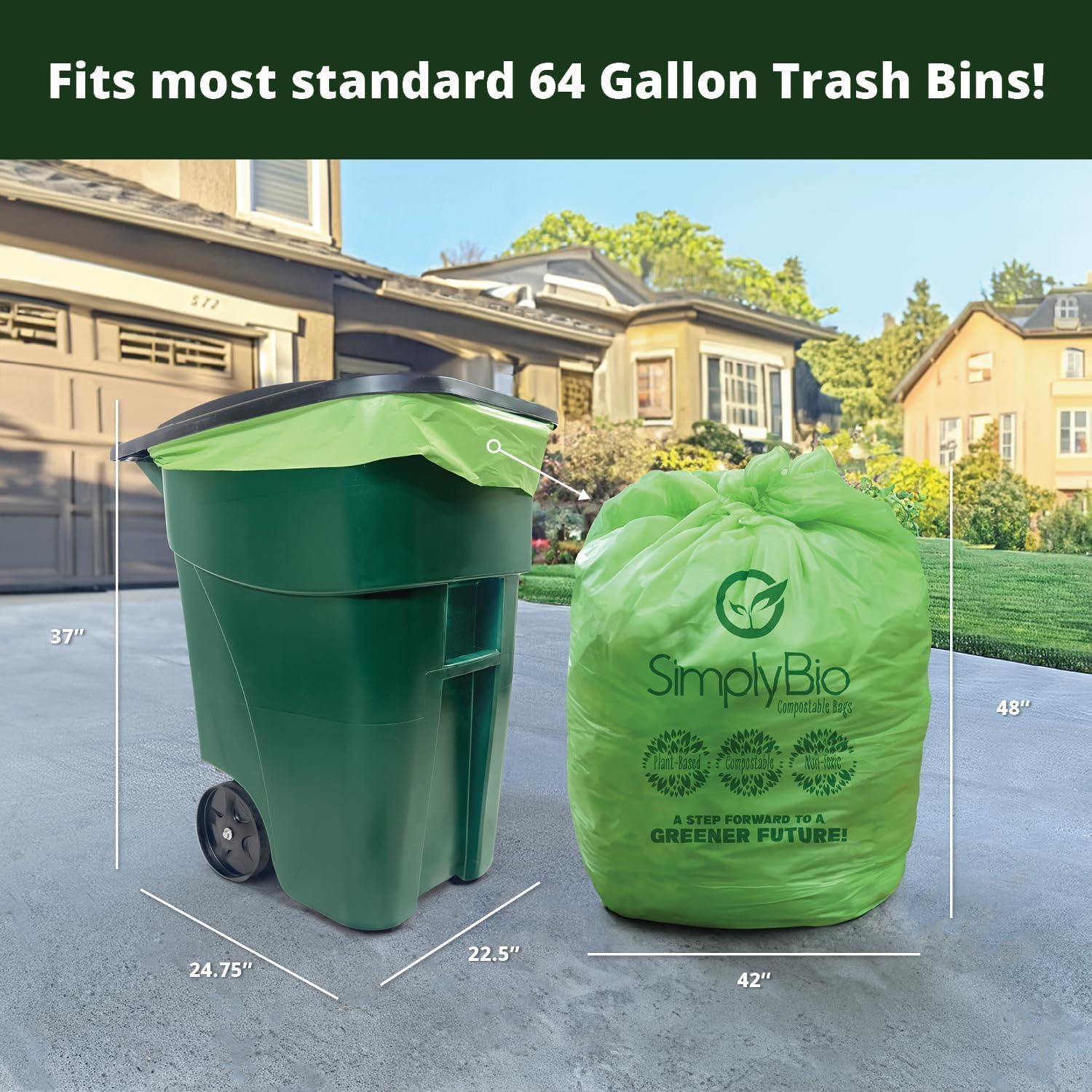 60-64 Gallon Compostable Trash Bags 12 Bags with Flat-Top Large Compost Bags Thick 1.57 Mil, 242.72