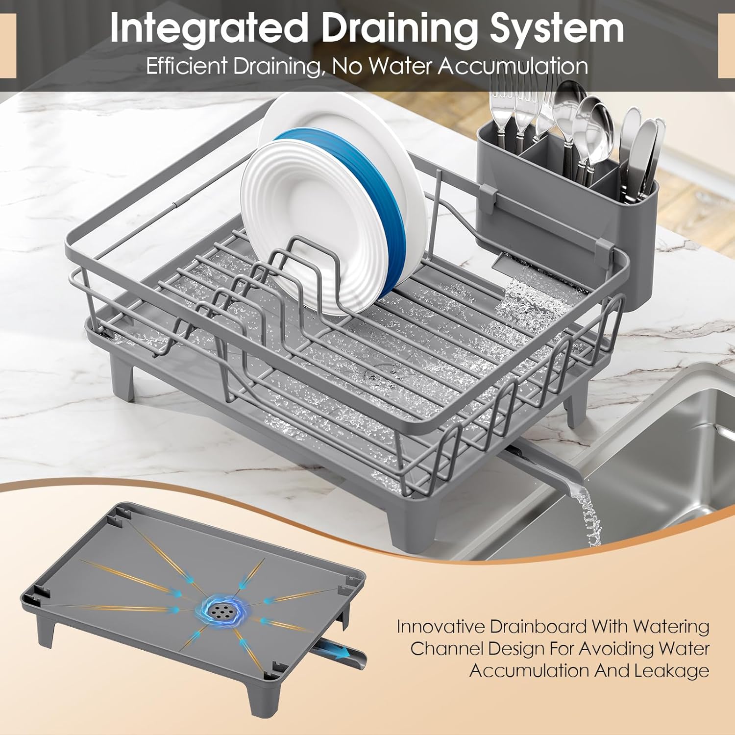 Dish Drying Rack for Kitchen Counter, Sink Dish Rack with Drainboard, Large Dish Drainer with Cups