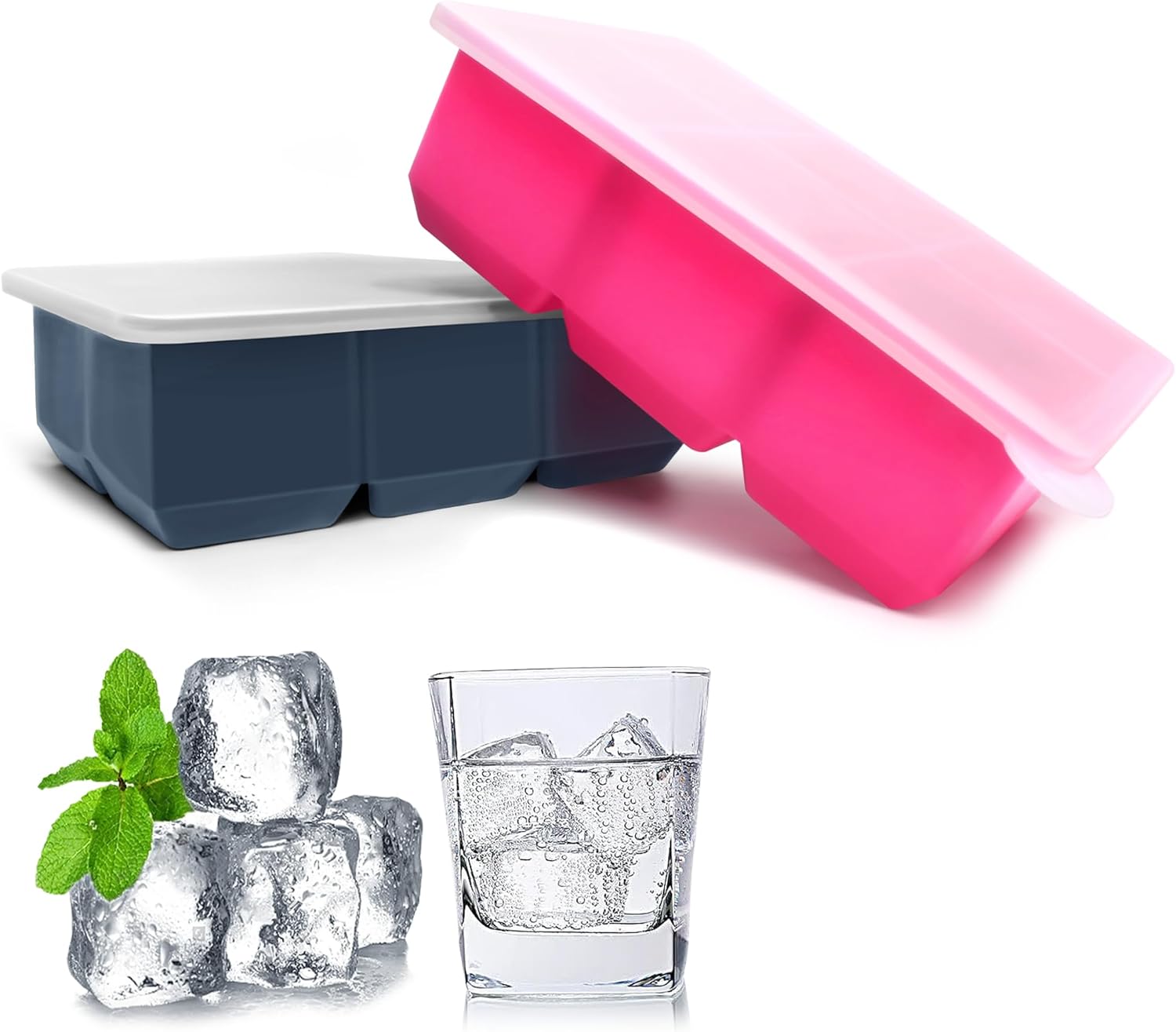 Silicone Ice Cube Trays with Lids,Large Square Ice Cube Molds for Freezer, Whiskey, Cocktail