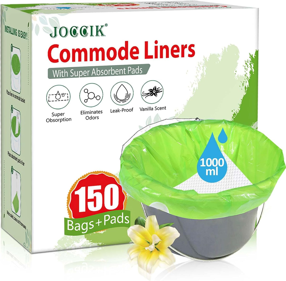 Bedside Commode Liners, 150 Bags + 150 Pads for Bedside Toilet Chair Bucket, Super Absorbent