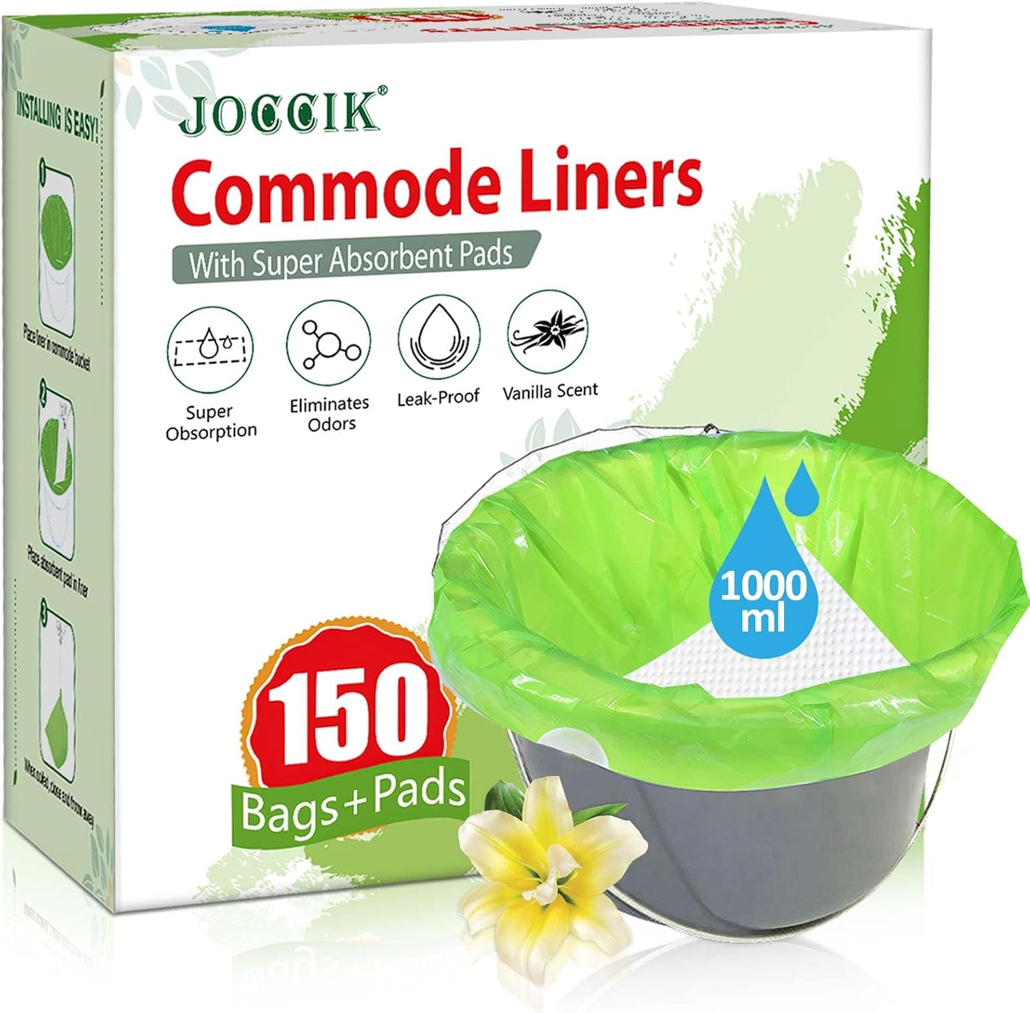 Bedside Commode Liners, 150 Bags + 150 Pads for Bedside Toilet Chair Bucket, Super Absorbent