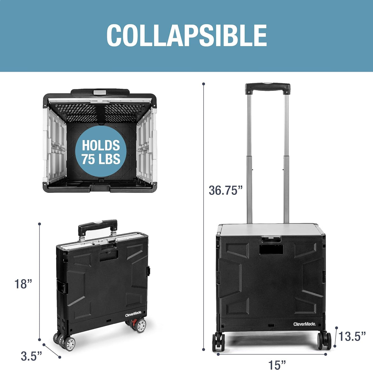 CleverMade Collapsible Wheeled Crate with Lid, 4-Wheels - Swivel and Glide Rolling Crate with