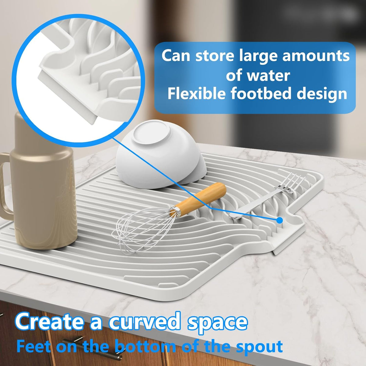 Dish Drying Matt for Kitchen Counter,18"×12"Silicone Dry Rack Mat with Built in Drain, Kitchen Dry