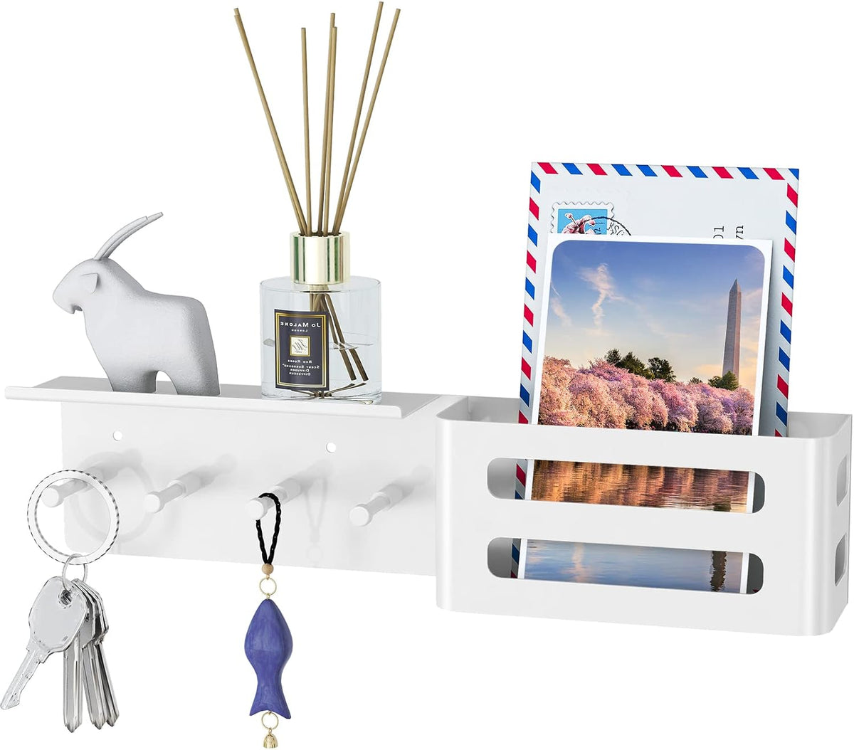 MKO Key Holder for Wall, 12.2In Mail Organizer Holder with Shelf, Metal Key Rack Adhesive Wall