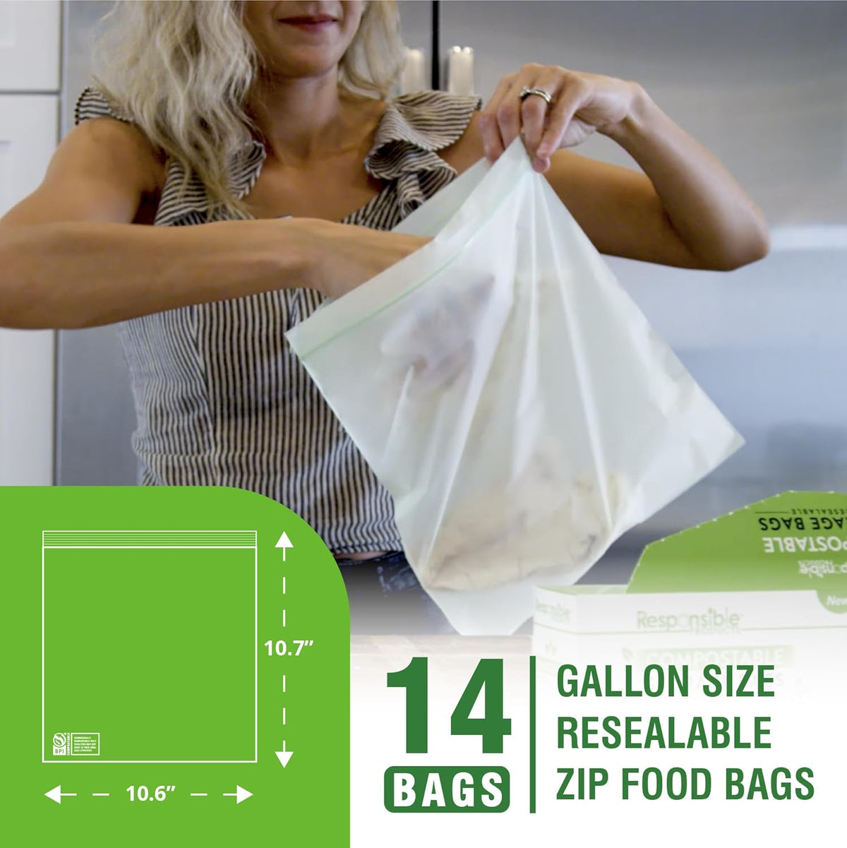 Responsible Products Certified Compostable Large GALLON Resealable Zip Bag, Extra Strength Food
