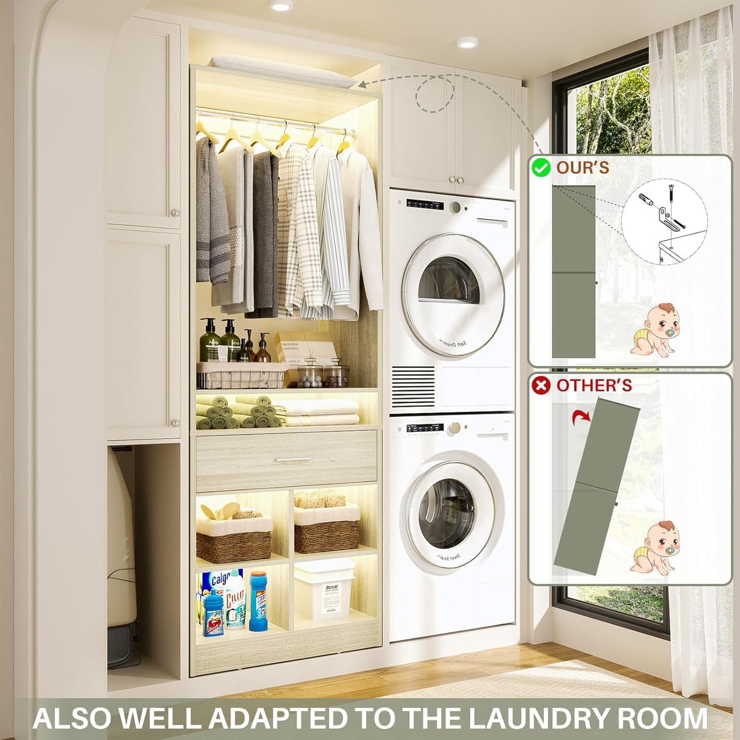 Unikito Freestanding Closet System with Wood Drawer and 4 Cubby Storage, Closet Organizer with
