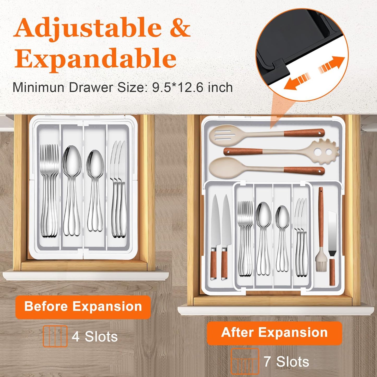 Silverware Organizer - Expandable Kitchen Drawer Organizer, BPA-Free Food-Safe Utensil Drawer