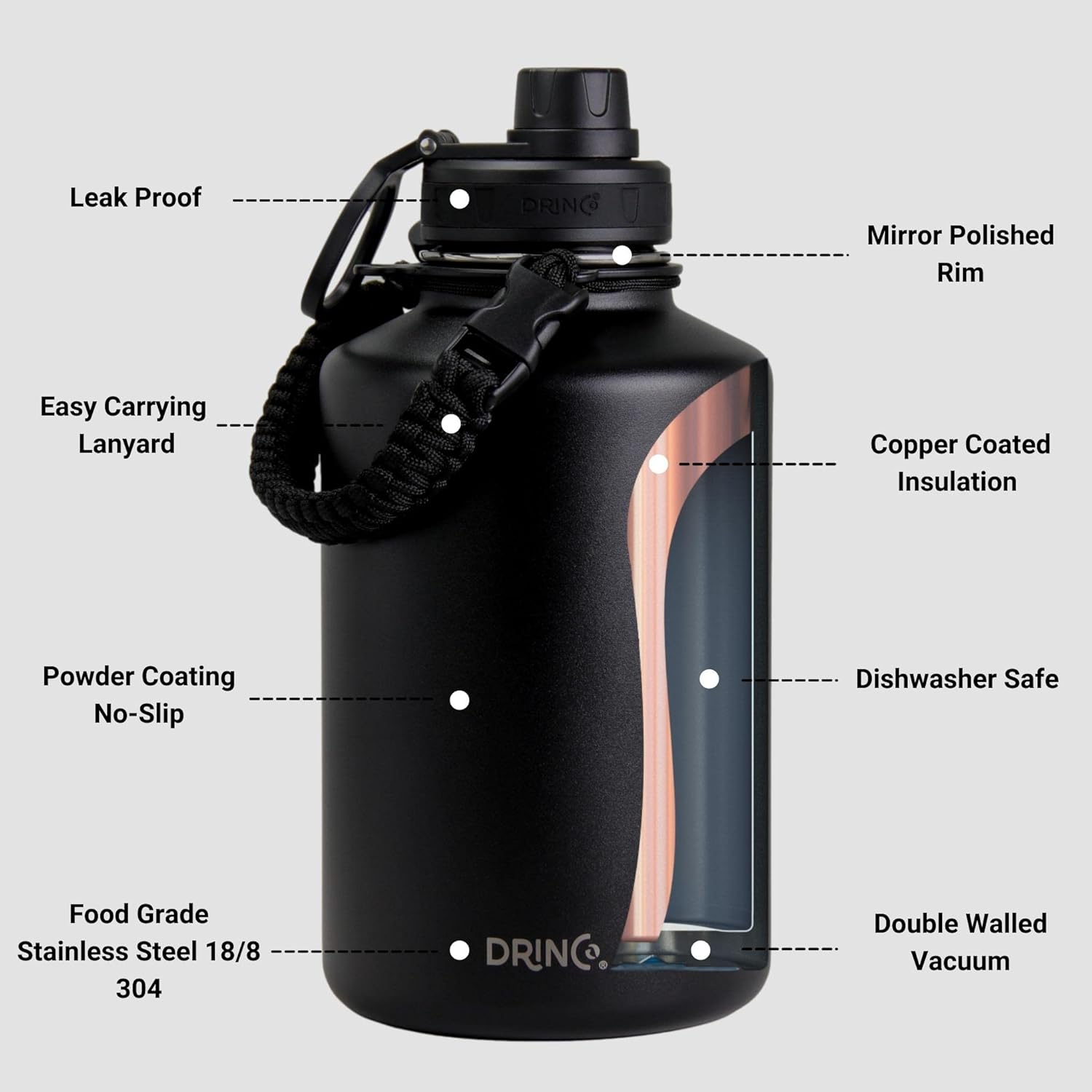 DRINCO Stainless Steel Water Bottle Spout Lid Vacuum Insulated Double Wall Water Bottles Wide Mouth