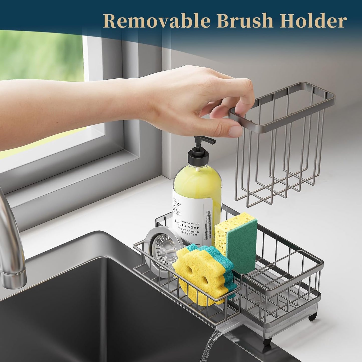 Consuemst Sponge Holder for Kitchen Sink - Auto Draining Sink Caddy Organizer with Detachable Rack