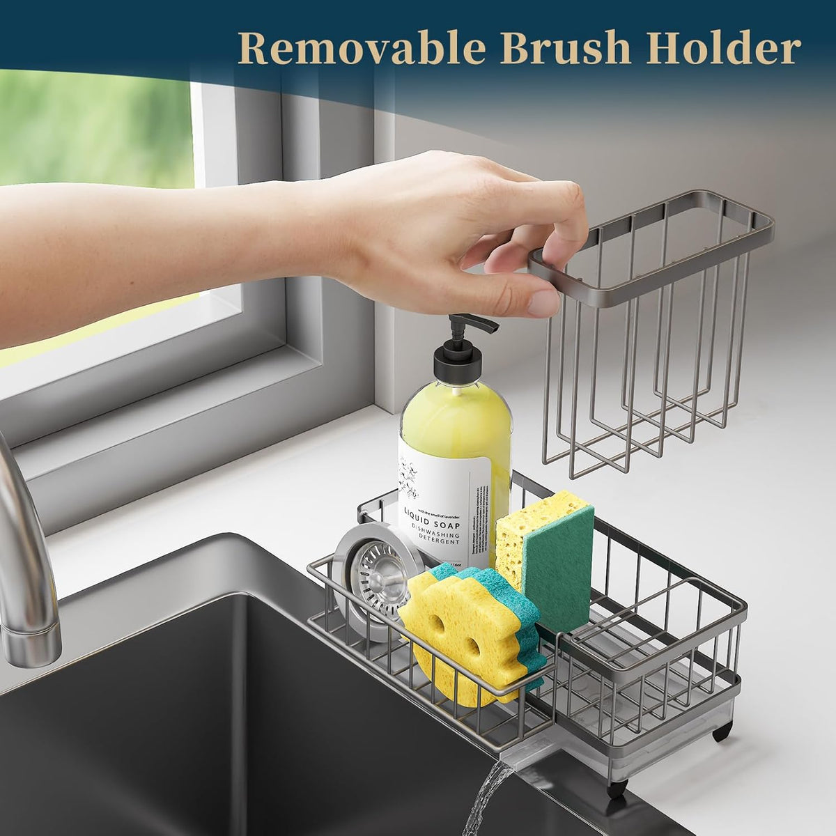 Consuemst Sponge Holder for Kitchen Sink - Auto Draining Sink Caddy Organizer with Detachable Rack