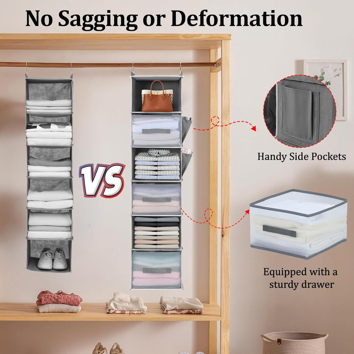 6-Tier Hanging Closet Organizer with Drawers and Side Pockets – Versatile Closet Storage for Shoes