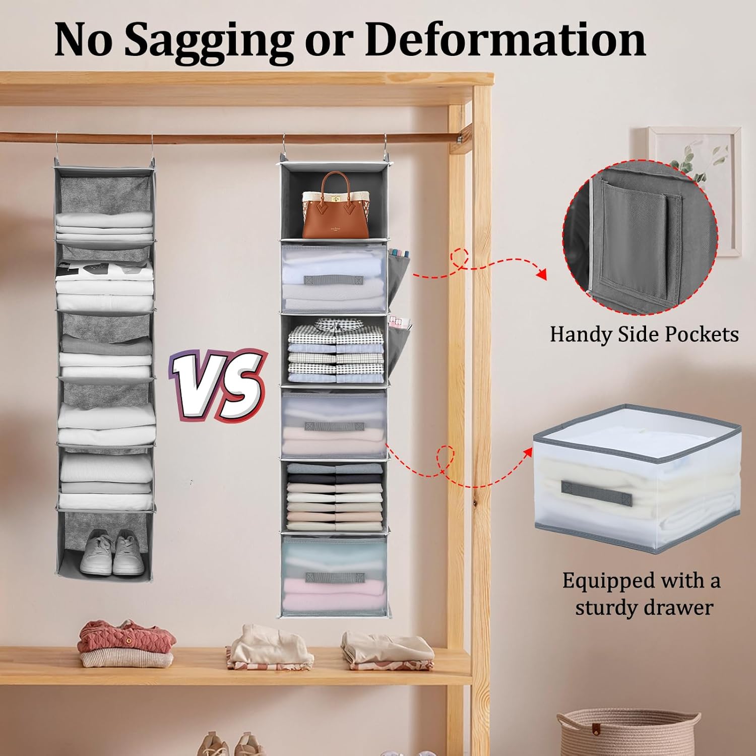 6-Tier Hanging Closet Organizer with 3 Drawers and Side Pockets – Multi-Functional Storage for