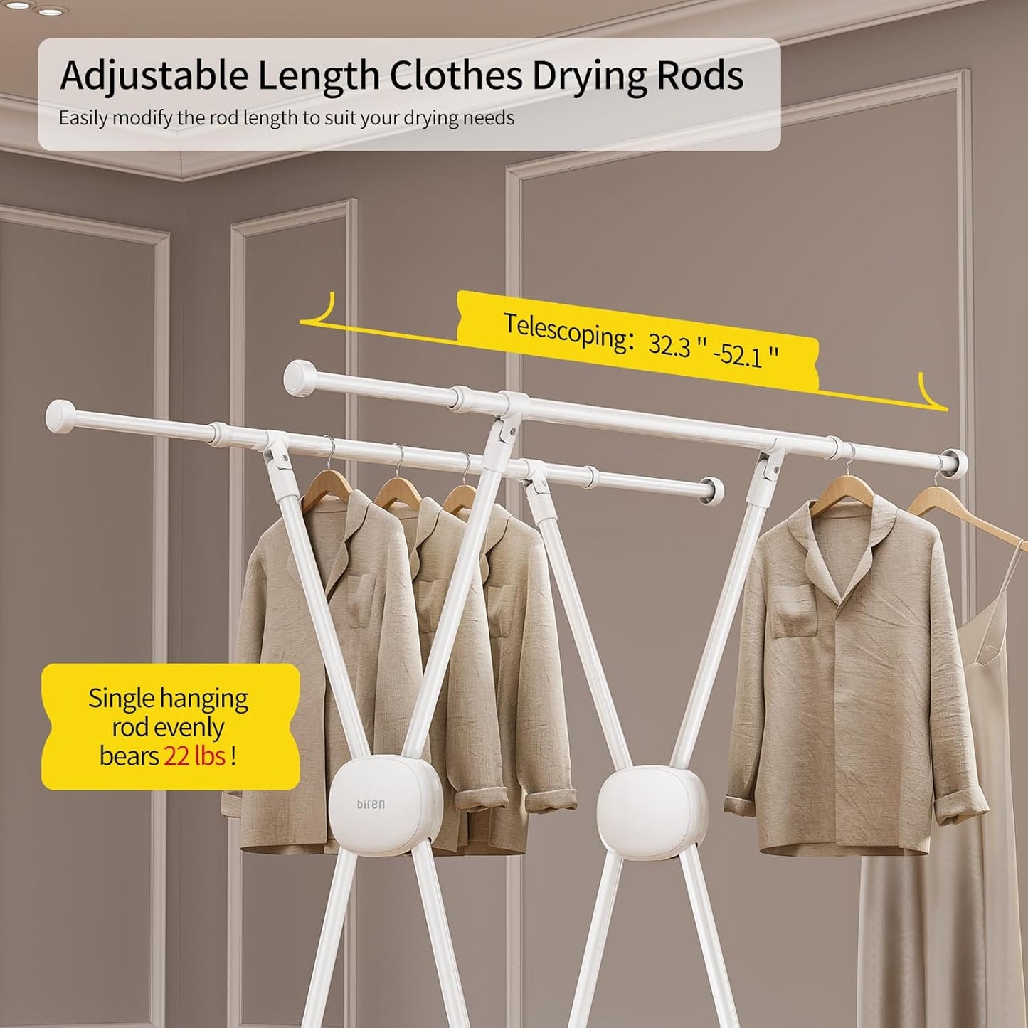 BIREN Clothes Drying Rack Heavy Duty Clothing Racks Extending Laundry Rack Two Drying Modes Garment