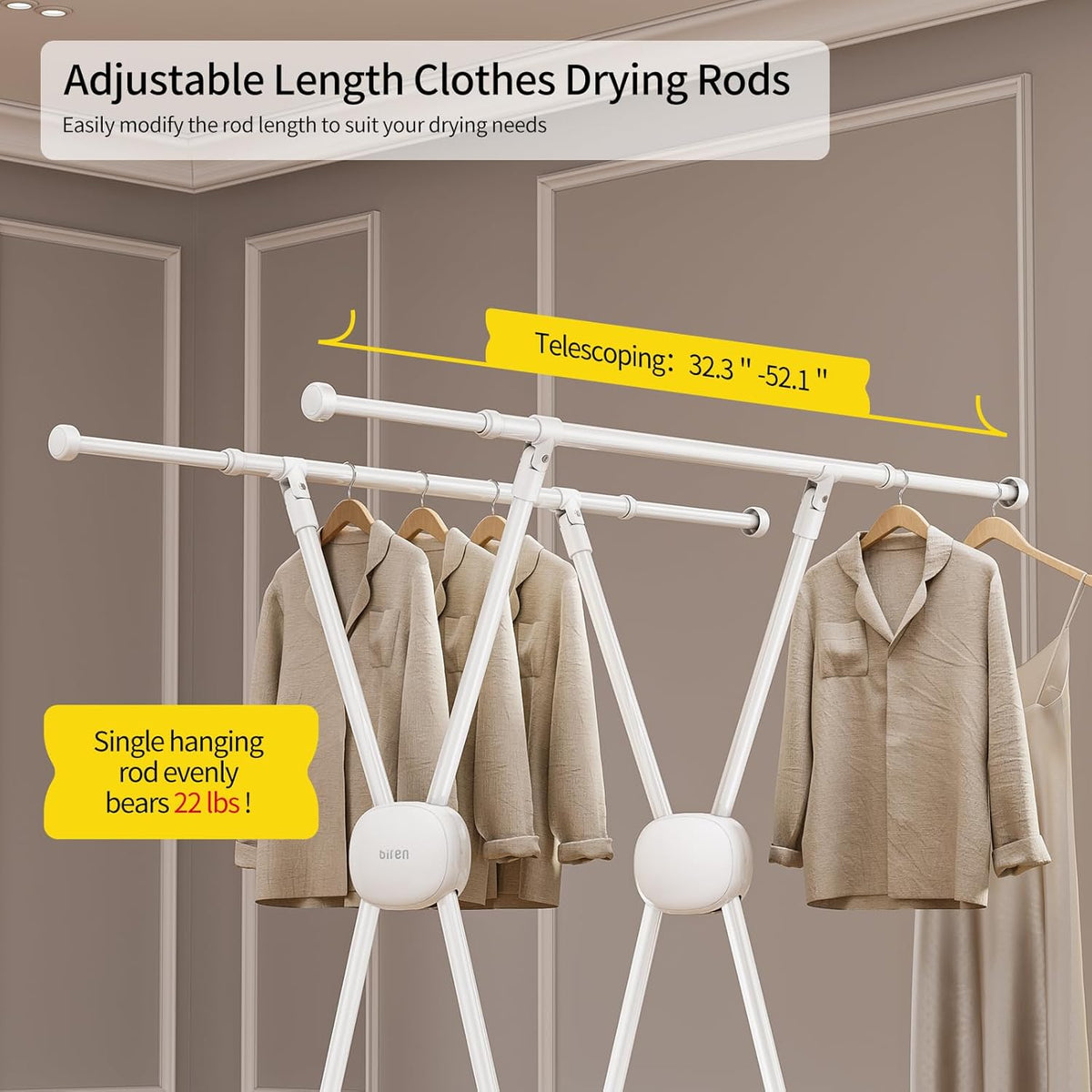 BIREN Clothes Drying Rack Heavy Duty Clothing Racks Extending Laundry Rack Two Drying Modes Garment