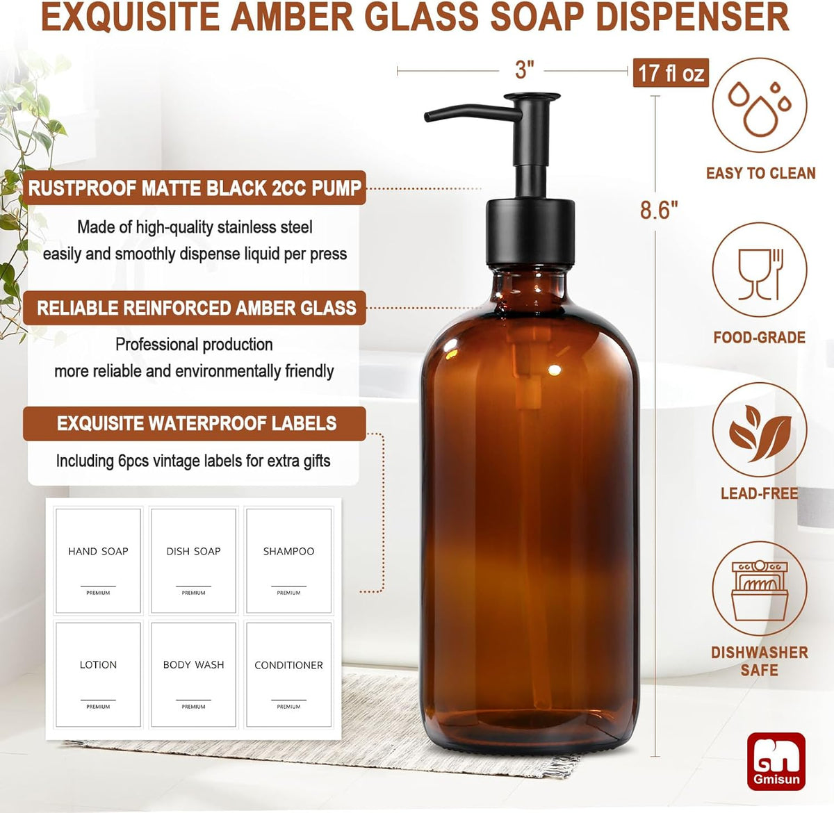 GMISUN Amber Glass Soap Dispenser, 2 Pack Bathroom Hand Soap Dispensers with Stainless Steel Pump