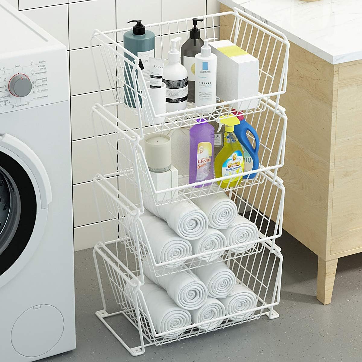 PUSDON Stackable Metal Storage Carts, Dual Use Shelf for Kitchen Fruit Vegetable Baskets with