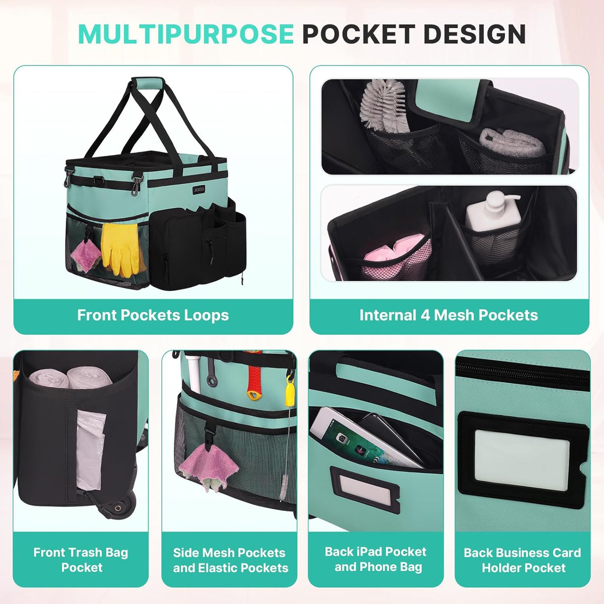 Large Rolling Cleaning Caddy Bag with Detachable Trolley, Waterproof Cleaning Caddy on Wheels for