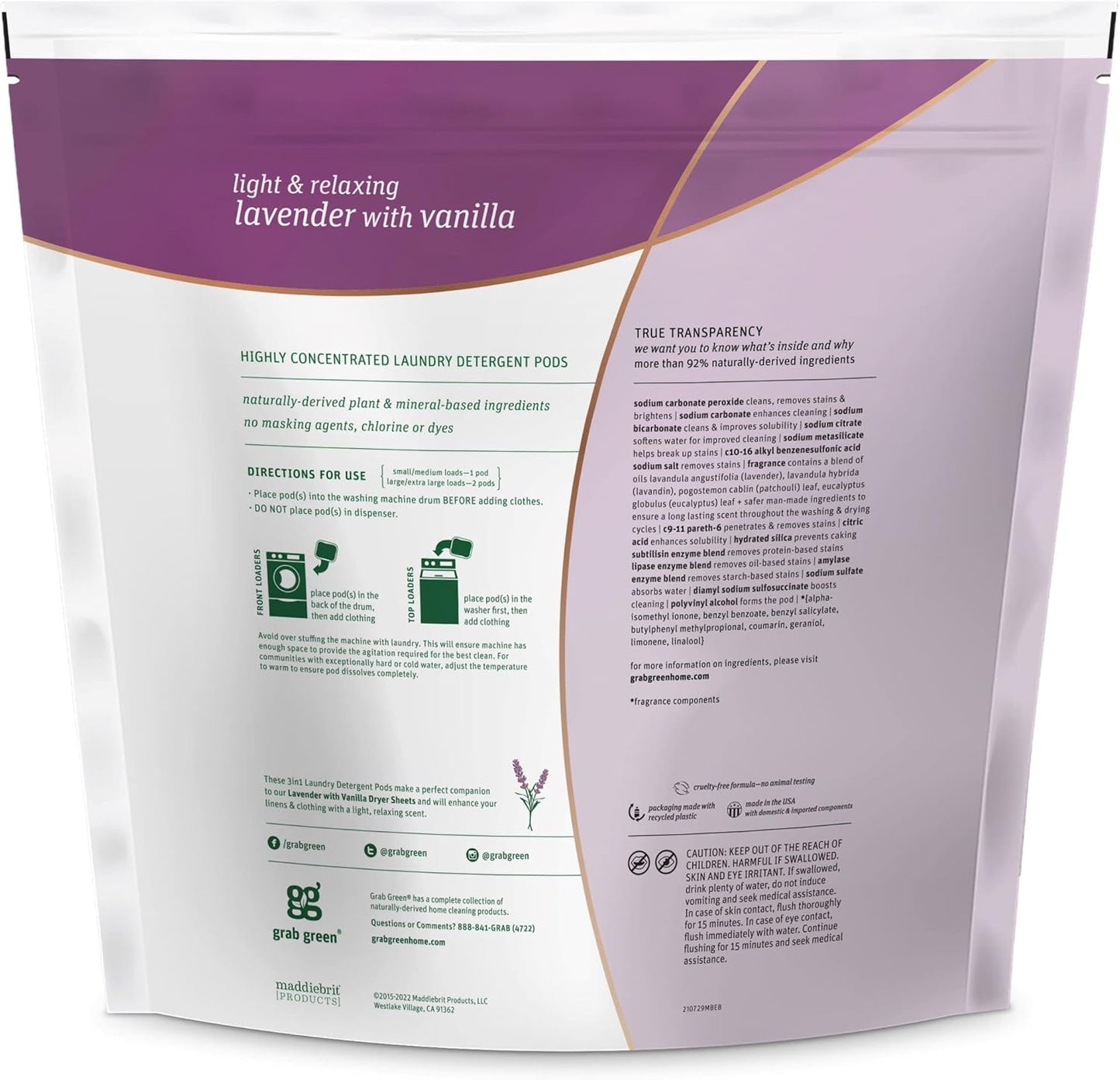 Grab Green 3-in-1 Laundry Detergent Pods, 132 Count, Lavender Vanilla Scent, Plant and Mineral
