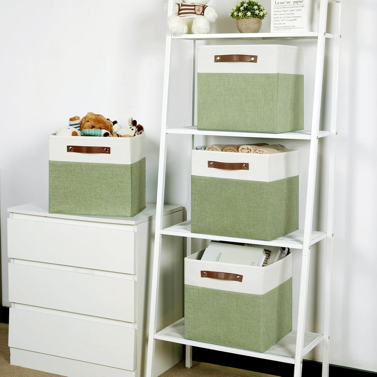 Temary 12 Inch Fabric Storage Cubes Storage Bins with Leather Handles, 4 Pack Cube Baskets Bins for