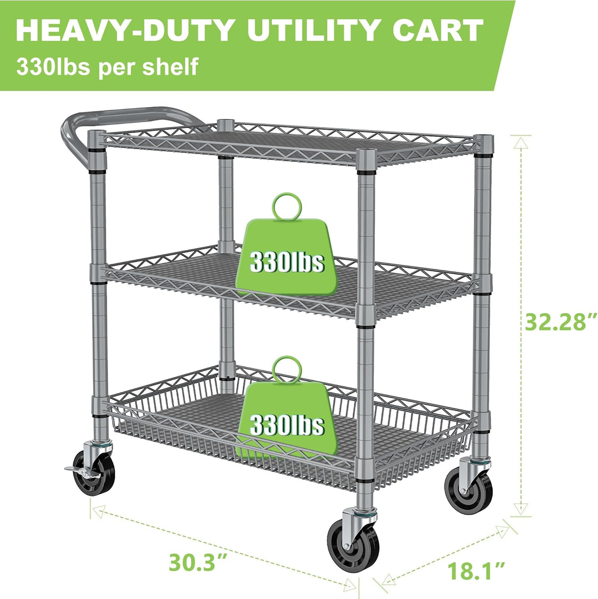 Metal Heavy Duty Carts with Wheels 1050lbs, 3 Tier Rolling Utility Cart with Storage, Steel Wire