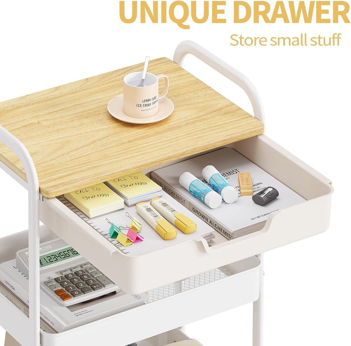 TOOLF 3-Tier Metal Utility Rolling Cart with Drawer and Wooden Table Top, Storage Cart White